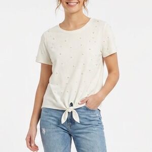 Urban Episode Cream Pearl Embellished Tie Front Short Sleeve Top XL